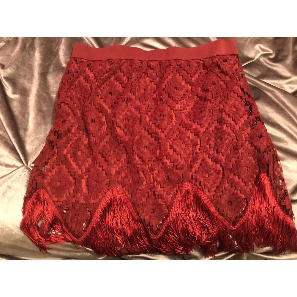 Adorable Lace skirt with fringe along the bottom.